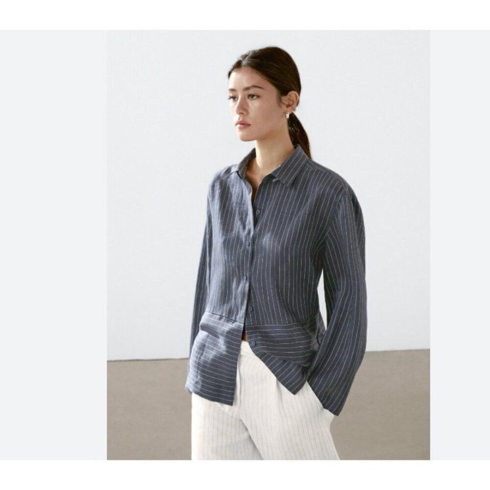 Massimo Dutti Womens Shirt blouse XS Button Up Blue Striped Linen 5161/615 NWT